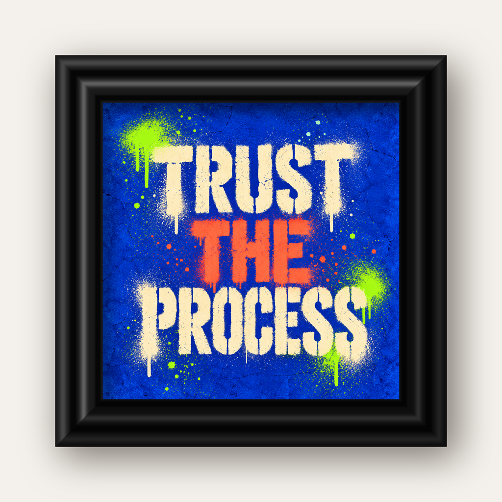 TRUST THE PROCESS Sözlü Graffiti Poster – Motive Edici Duvar Sanatı — siyah galeri çerçeveli