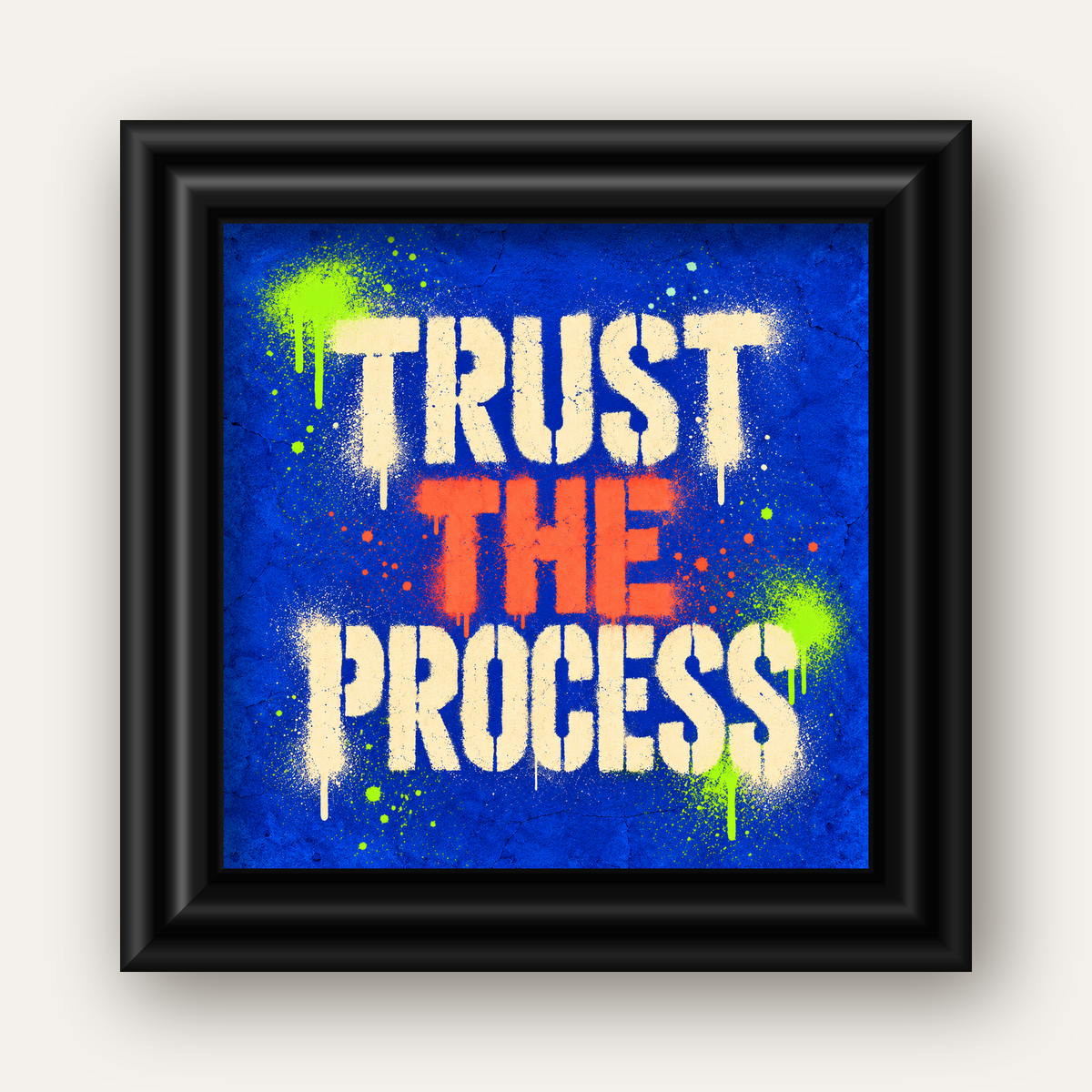 TRUST THE PROCESS Sözlü Graffiti Poster – Motive Edici Duvar Sanatı — siyah galeri çerçeveli