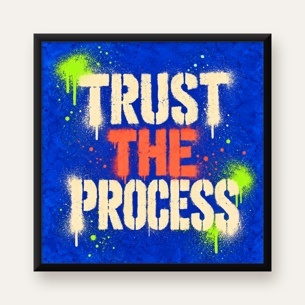TRUST THE PROCESS Sözlü Graffiti Poster – Motive Edici Duvar Sanatı — Kare baskı, düz siyah çerçeveli duvar posteri