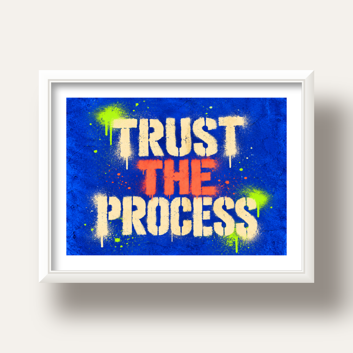 TRUST THE PROCESS Sözlü Graffiti Poster – Motive Edici Duvar Sanatı — beyaz derin çerçeveli paspartulu