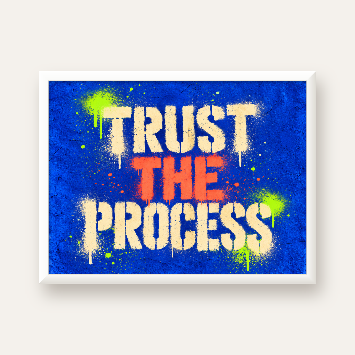 TRUST THE PROCESS Sözlü Graffiti Poster – Motive Edici Duvar Sanatı — beyaz çerçeveli yatay poster