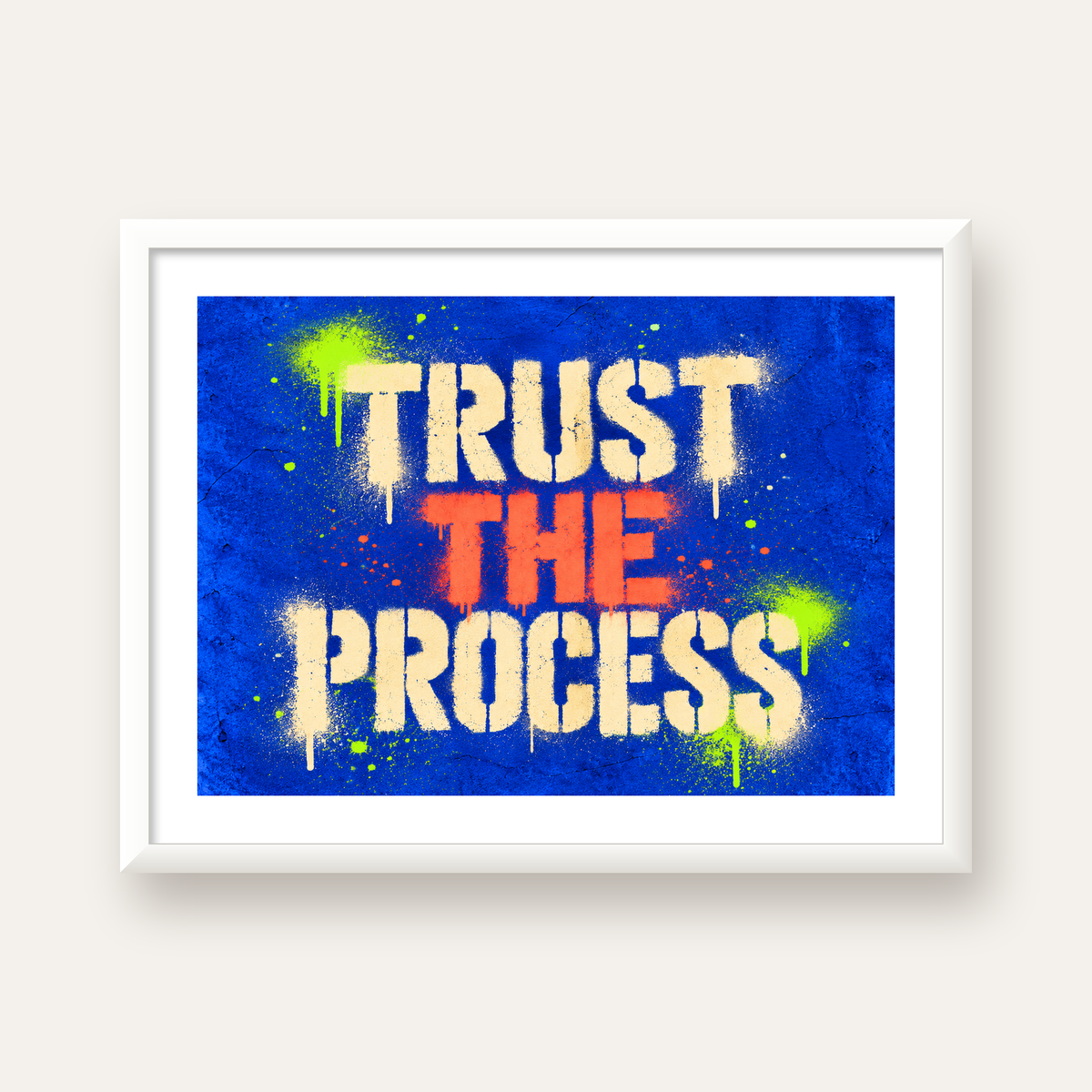 TRUST THE PROCESS Sözlü Graffiti Poster – Motive Edici Duvar Sanatı — beyaz çerçeveli yatay poster