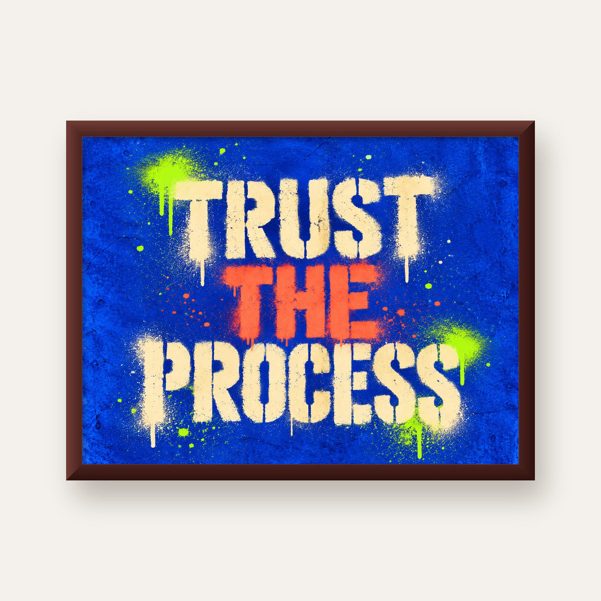 TRUST THE PROCESS Sözlü Graffiti Poster – Motive Edici Duvar Sanatı — ceviz çerçeveli