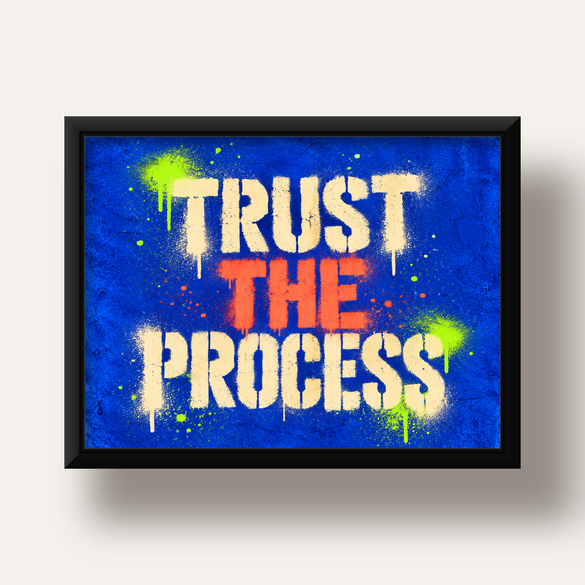 TRUST THE PROCESS Sözlü Graffiti Poster – Motive Edici Duvar Sanatı — siyah derin çerçeveli