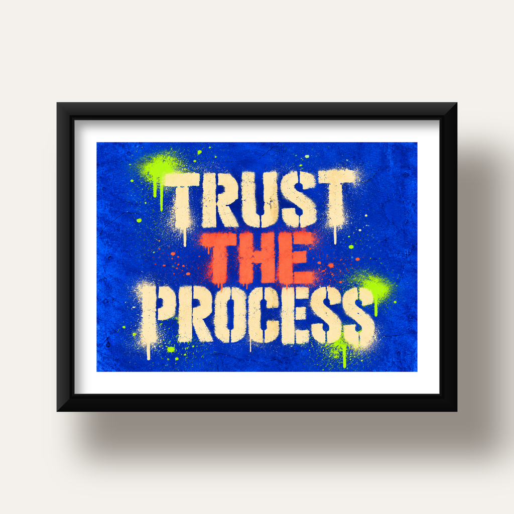 TRUST THE PROCESS Sözlü Graffiti Poster – Motive Edici Duvar Sanatı — siyah derin çerçeveli paspartulu