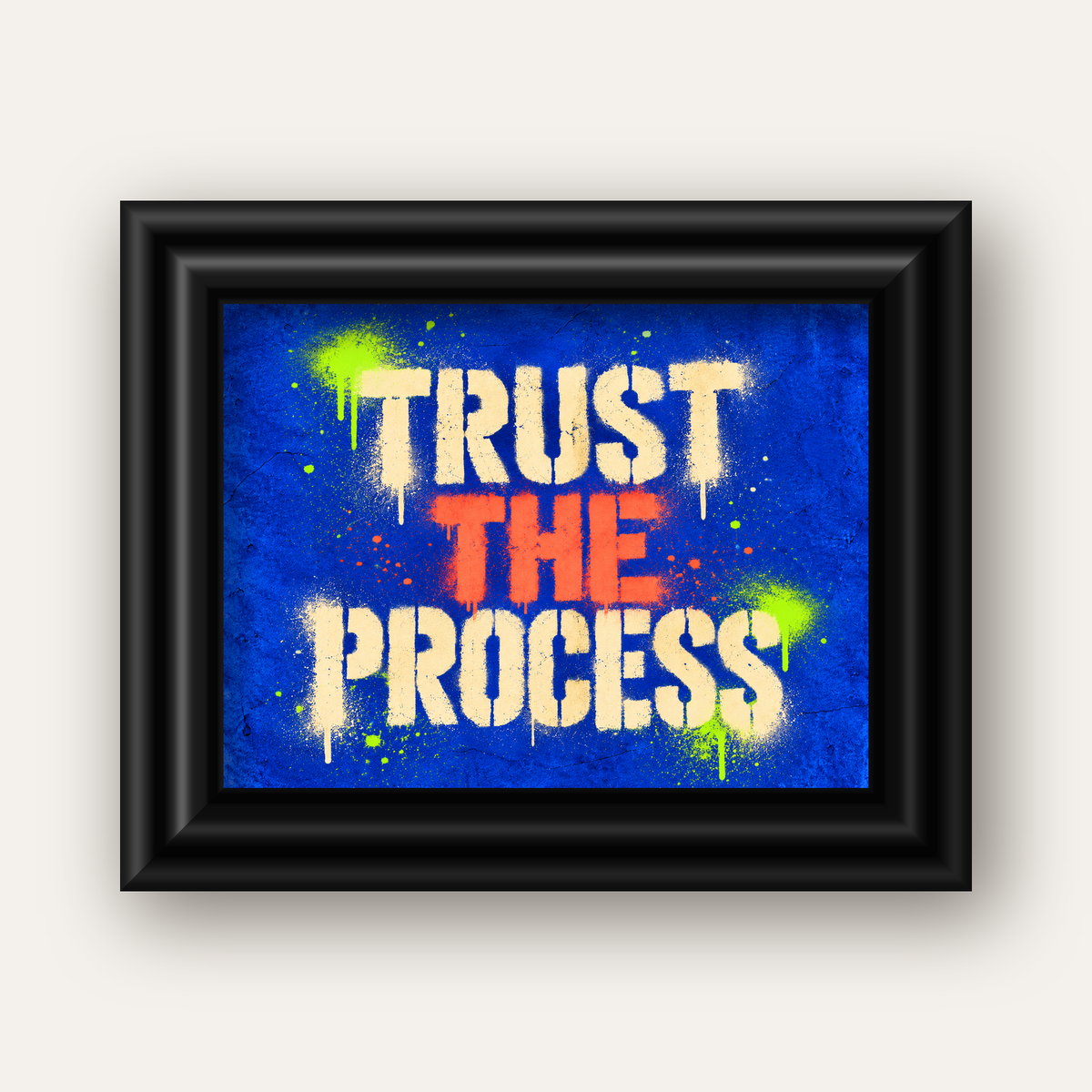 TRUST THE PROCESS Sözlü Graffiti Poster – Motive Edici Duvar Sanatı — siyah galeri çerçeveli