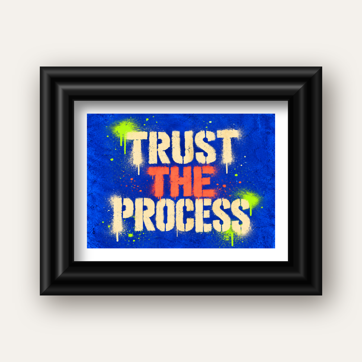 TRUST THE PROCESS Sözlü Graffiti Poster – Motive Edici Duvar Sanatı — siyah galeri çerçeveli paspartulu