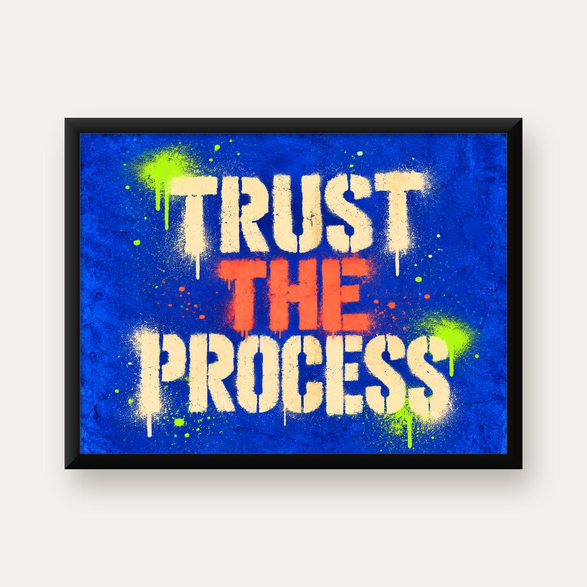 TRUST THE PROCESS Sözlü Graffiti Poster – Motive Edici Duvar Sanatı — Yatay baskı, düz siyah çerçeveli duvar posteri