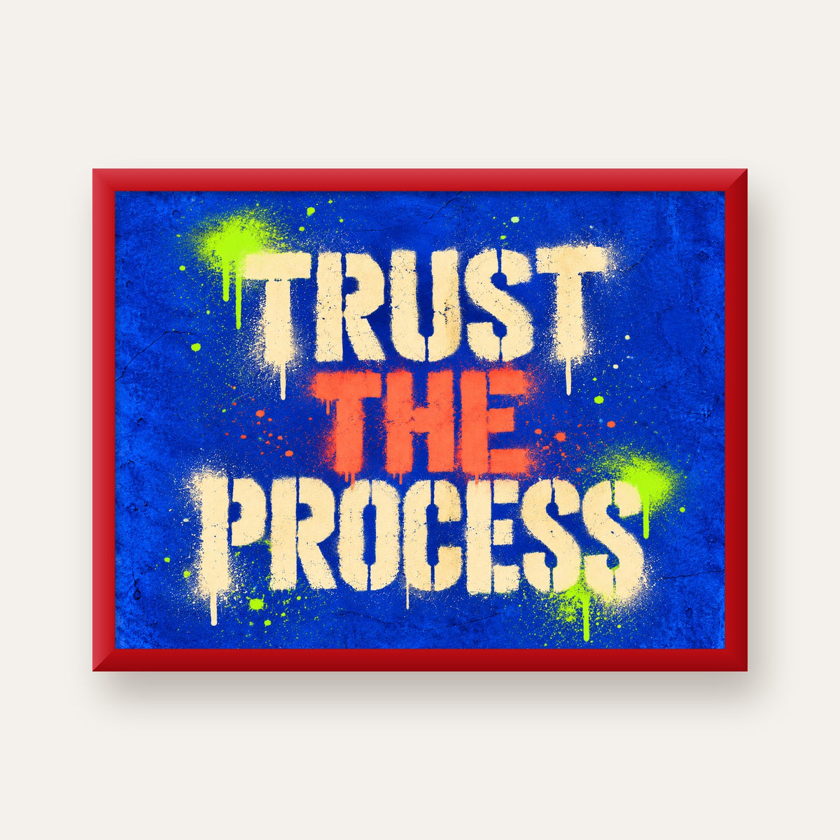 TRUST THE PROCESS Sözlü Graffiti Poster – Motive Edici Duvar Sanatı — kırmızı çerçeveli