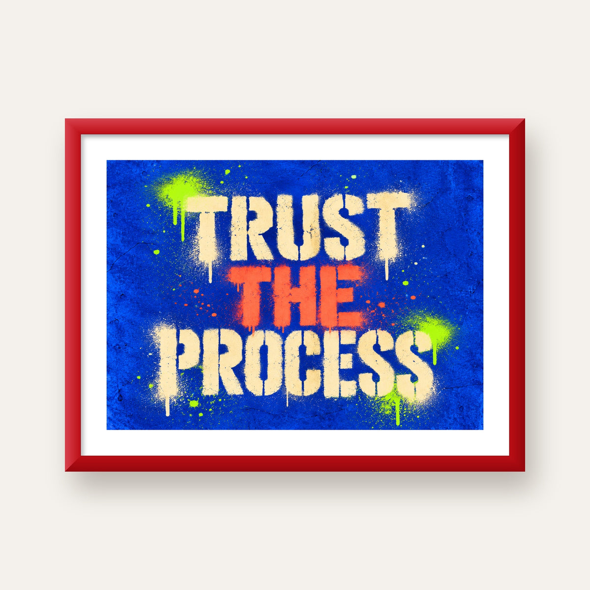 TRUST THE PROCESS Sözlü Graffiti Poster – Motive Edici Duvar Sanatı — kırmızı çerçeveli paspartulu