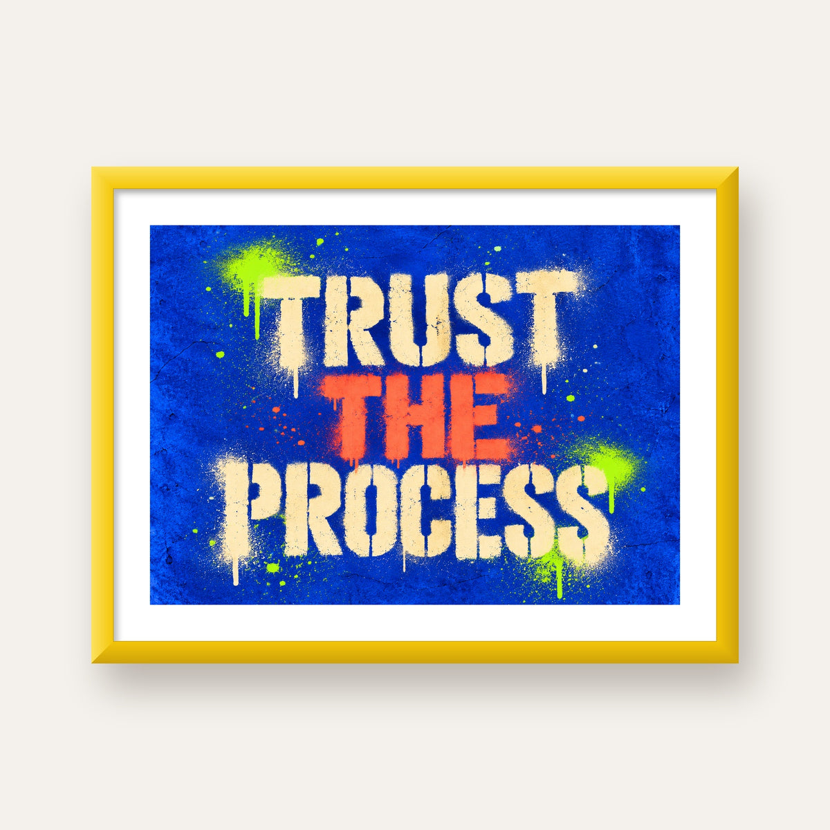TRUST THE PROCESS Sözlü Graffiti Poster – Motive Edici Duvar Sanatı — sarı çerçeveli paspartulu