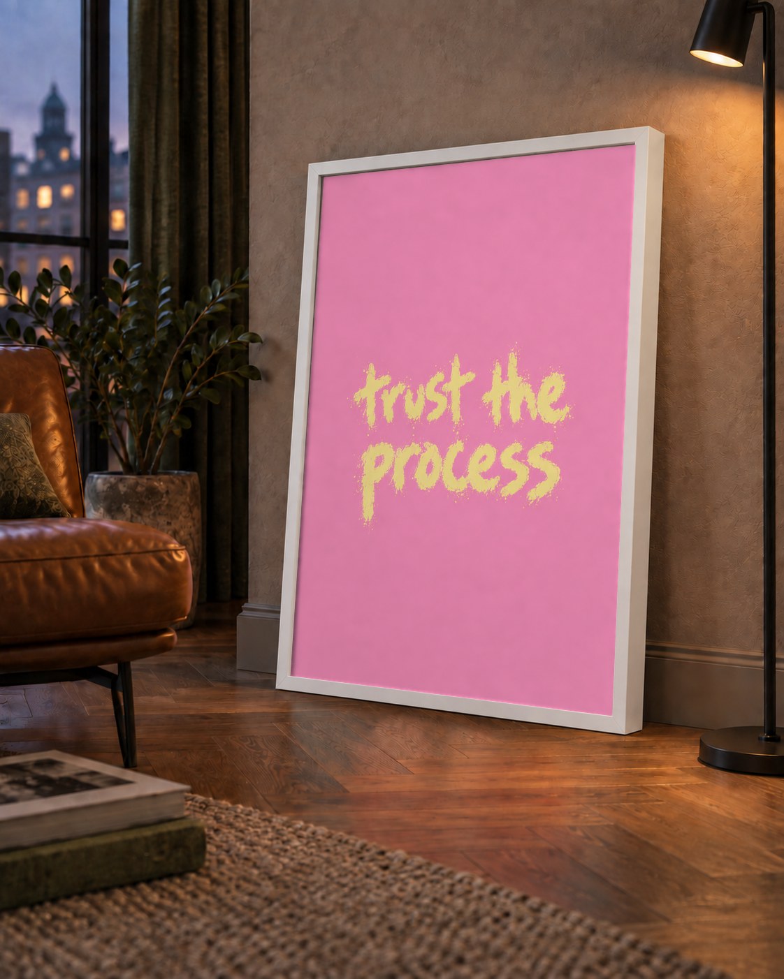 Trust The Process İlham Verici Modern Duvar Posteri — çerçeveli hâliyle bir ev duvarında