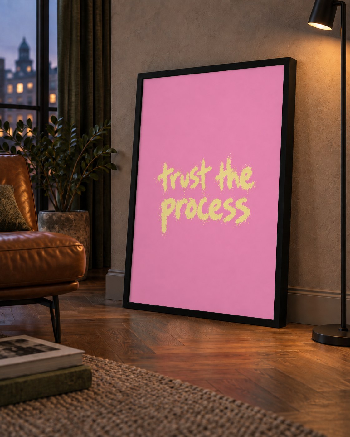 Trust The Process İlham Verici Modern Duvar Posteri — çerçeveli hâliyle bir ev duvarında
