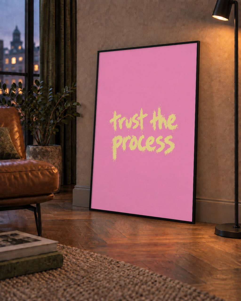 Trust The Process İlham Verici Modern Duvar Posteri — çerçeveli hâliyle bir ev duvarında