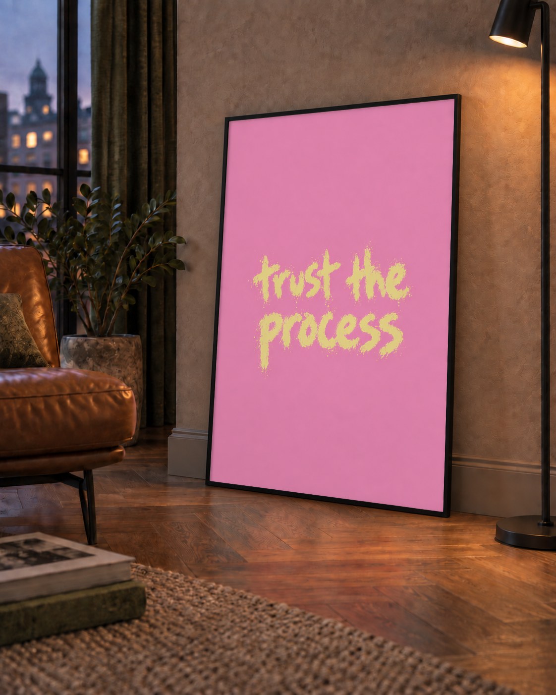 Trust The Process İlham Verici Modern Duvar Posteri — çerçeveli hâliyle bir ev duvarında