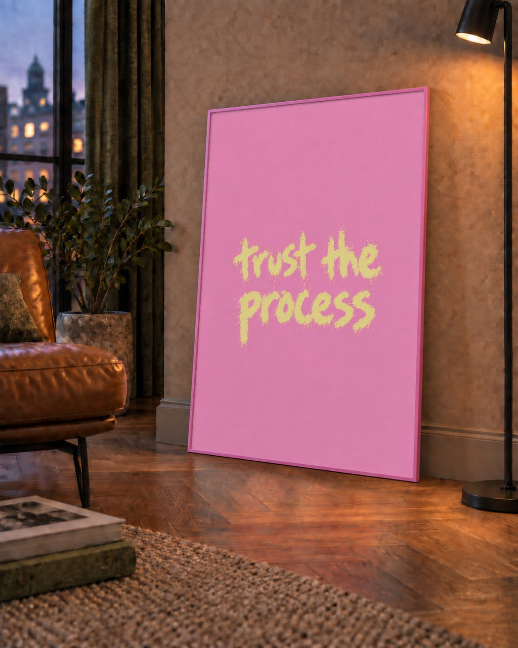 Trust The Process İlham Verici Modern Duvar Posteri — çerçeveli hâliyle bir ev duvarında