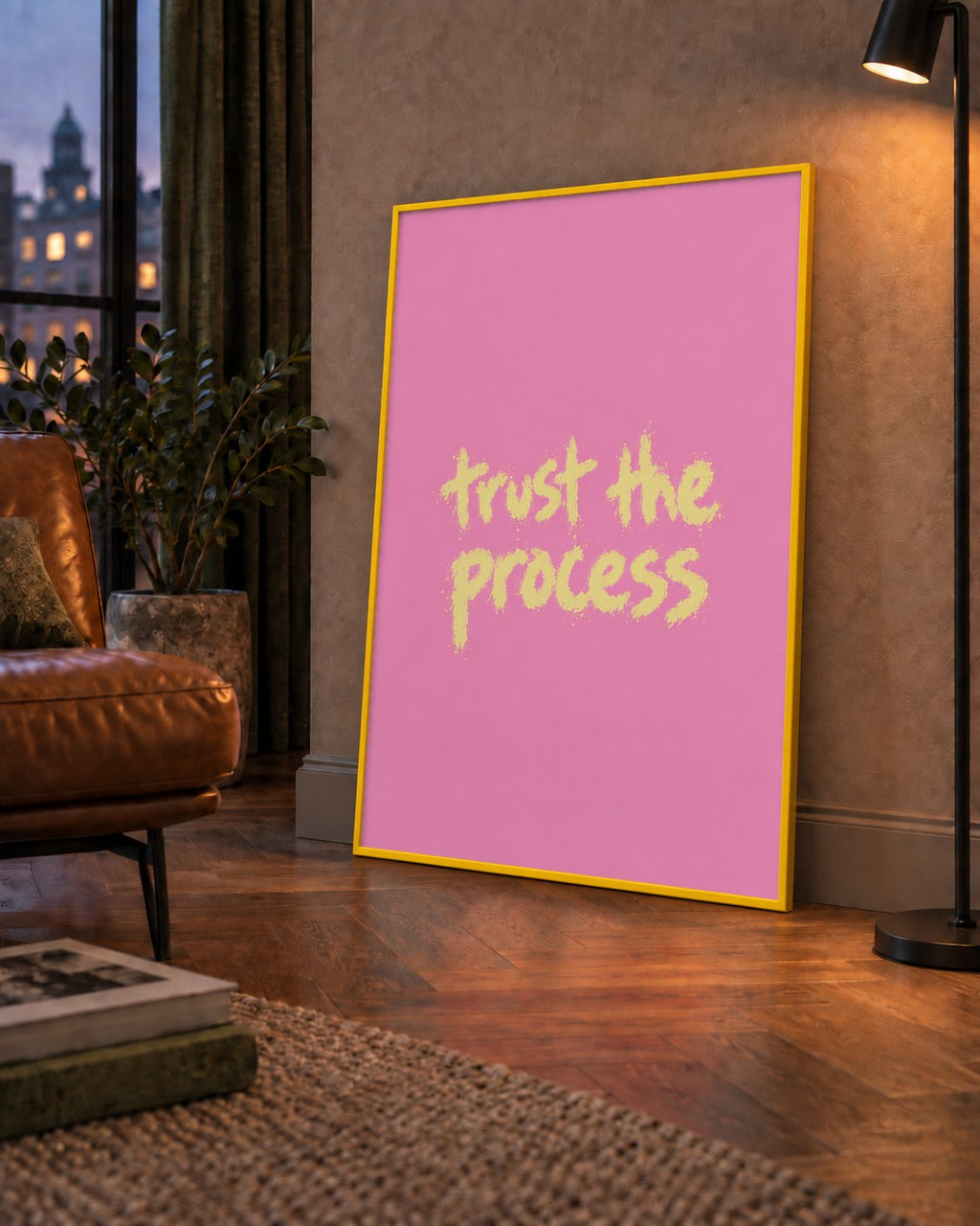 Trust The Process İlham Verici Modern Duvar Posteri — çerçeveli hâliyle bir ev duvarında
