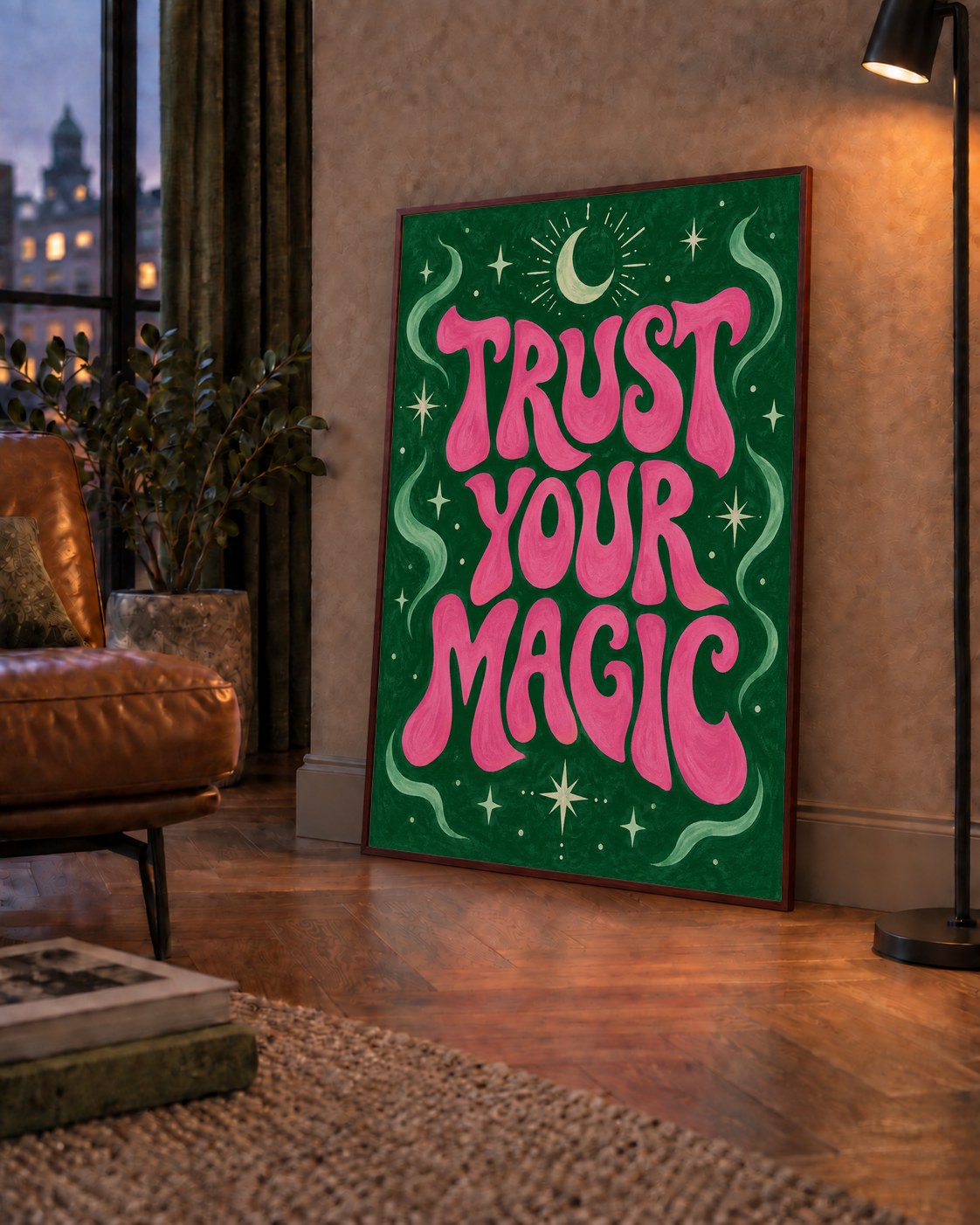 Trust Your Magic Poster – Büyülü Tipografi Sanat Baskısı — çerçeveli hâliyle bir ev duvarında