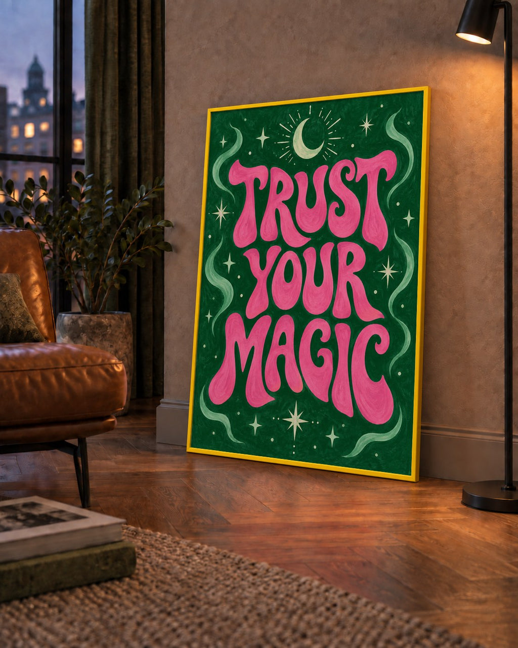 Trust Your Magic Poster – Büyülü Tipografi Sanat Baskısı — çerçeveli hâliyle bir ev duvarında