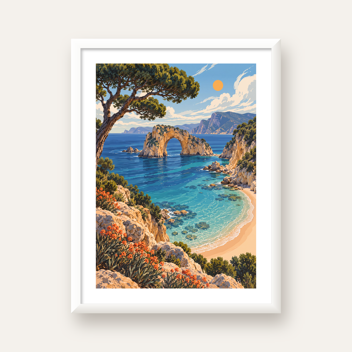 Akdeniz Sahil Manzarası Dijital Poster - Canlı Doğa Tablosu — beyaz çerçeveli dikey poster