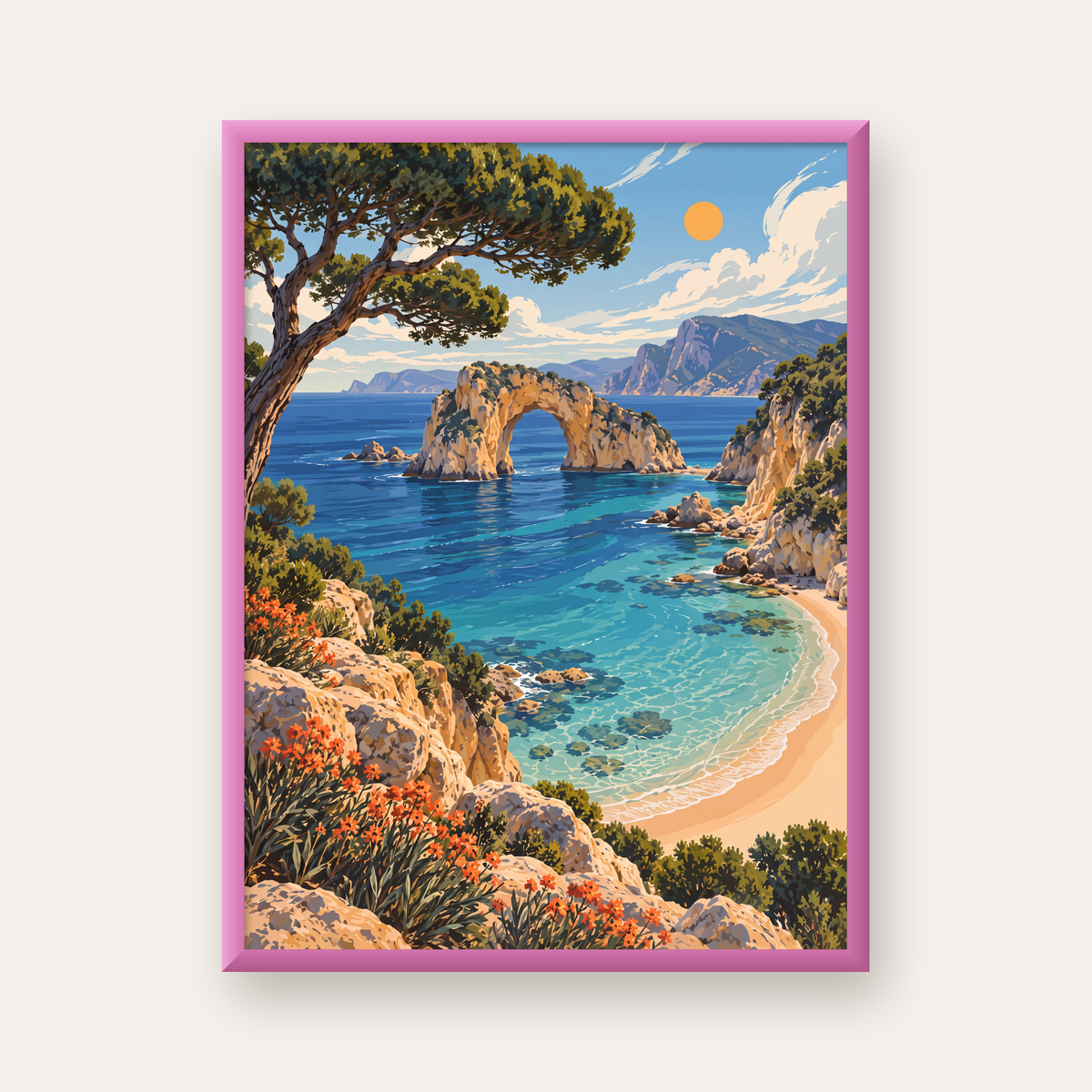 Akdeniz Sahil Manzarası Dijital Poster - Canlı Doğa Tablosu — pembe çerçeveli