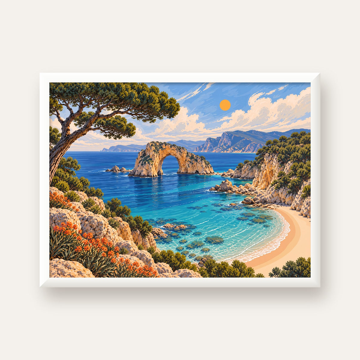 Akdeniz Sahil Manzarası Dijital Poster - Canlı Doğa Tablosu — beyaz çerçeveli yatay poster