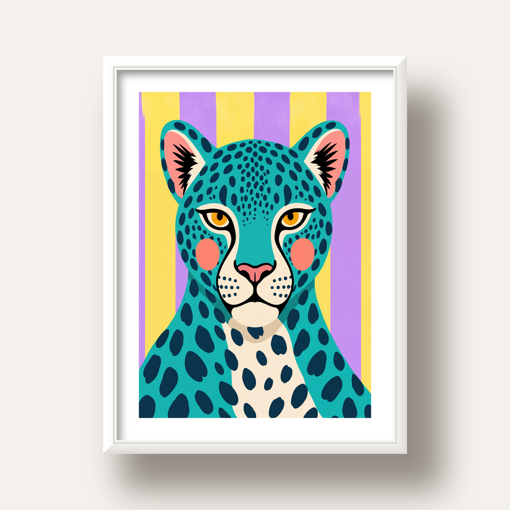 Turkuaz Renk Bloklu Modern Jaguar İllüstrasyon Poster — beyaz derin çerçeveli paspartulu