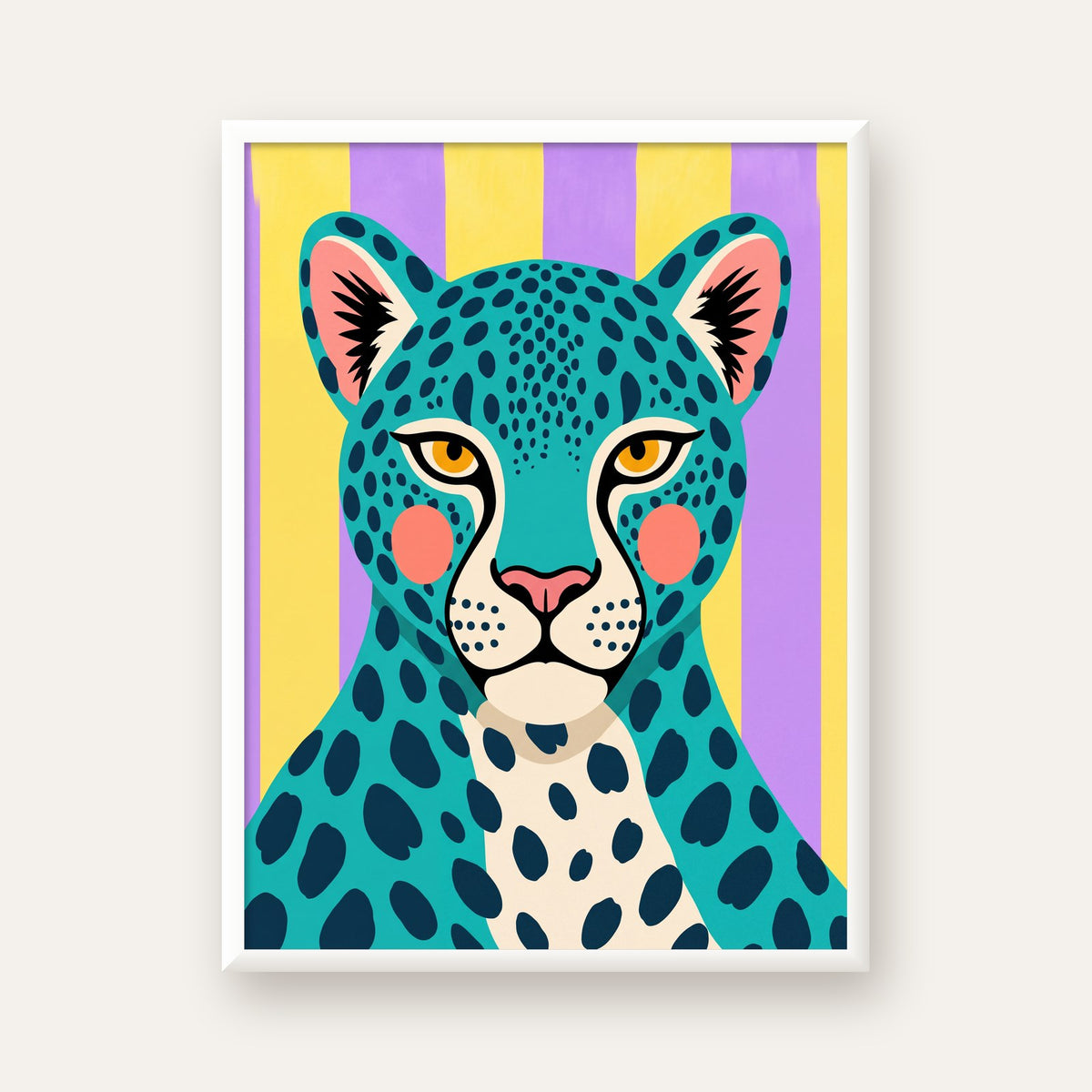 Turkuaz Renk Bloklu Modern Jaguar İllüstrasyon Poster — beyaz çerçeveli dikey poster