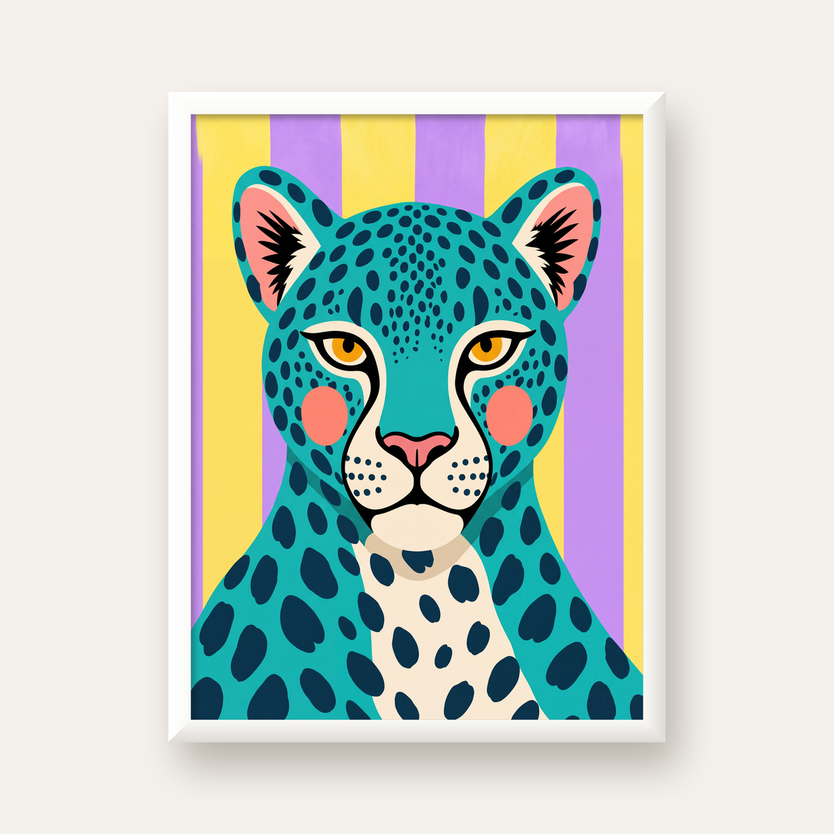 Turkuaz Renk Bloklu Modern Jaguar İllüstrasyon Poster — beyaz çerçeveli dikey poster