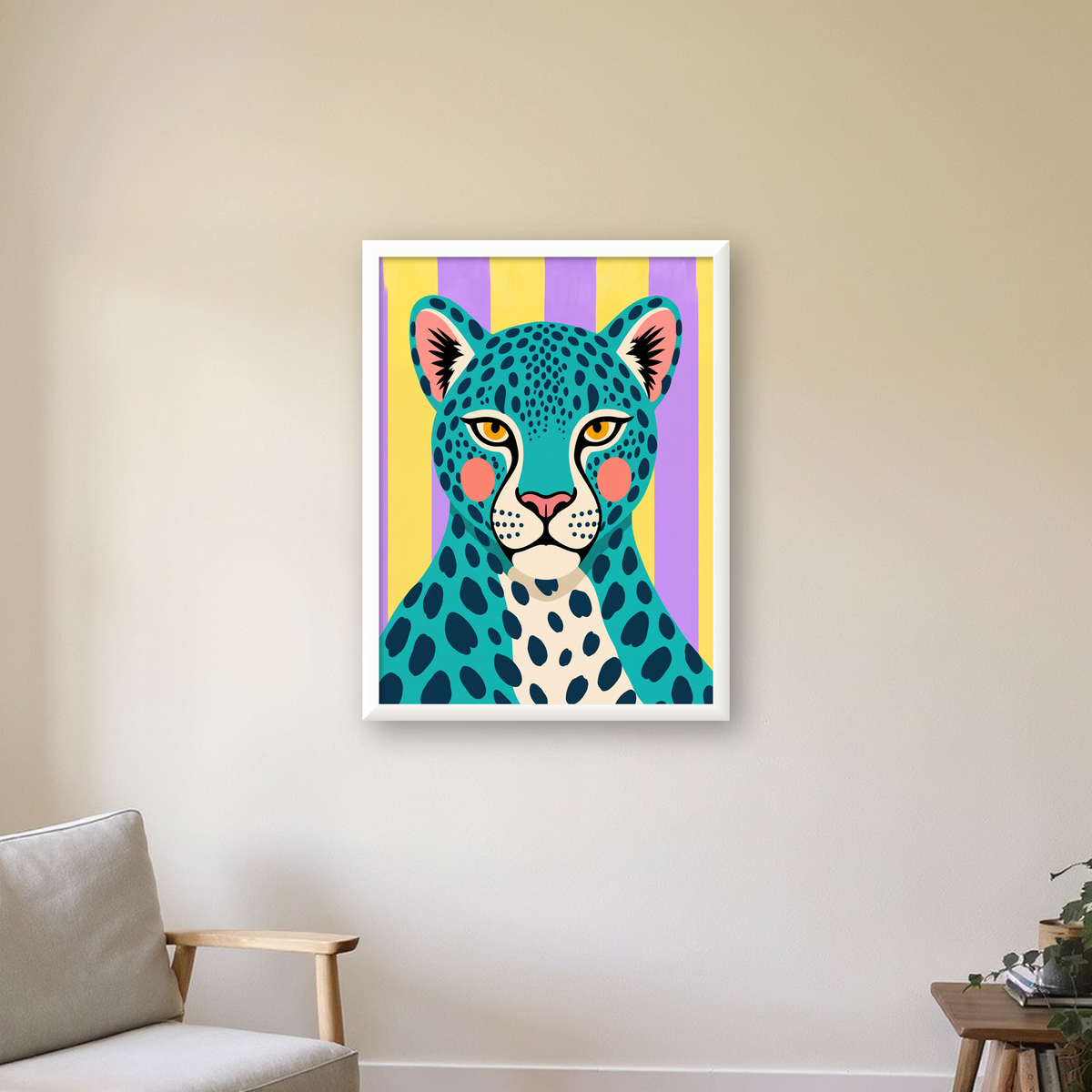 Turkuaz Renk Bloklu Modern Jaguar İllüstrasyon Poster — beyaz çerçeveli dikey poster