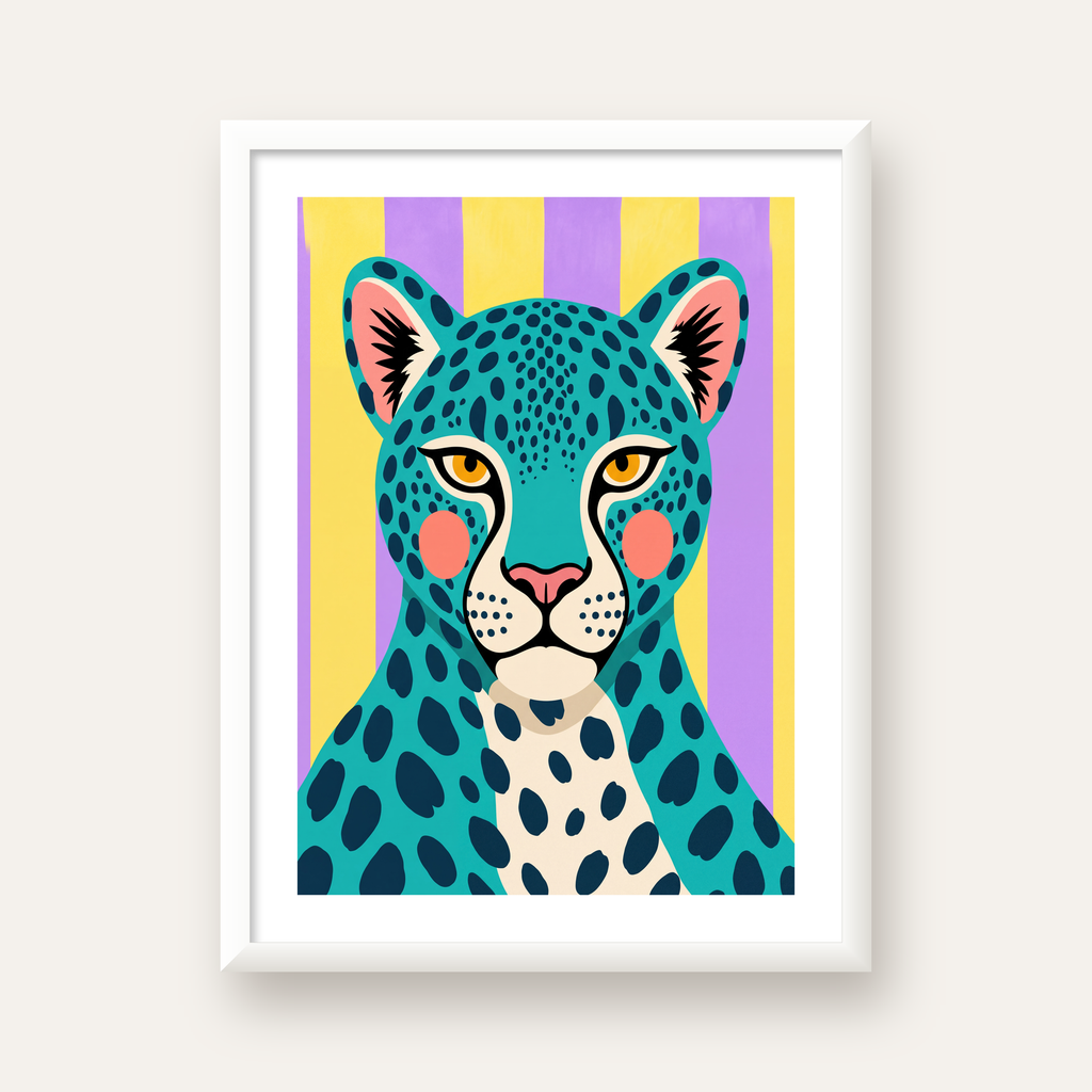 Turkuaz Renk Bloklu Modern Jaguar İllüstrasyon Poster — beyaz çerçeveli dikey poster
