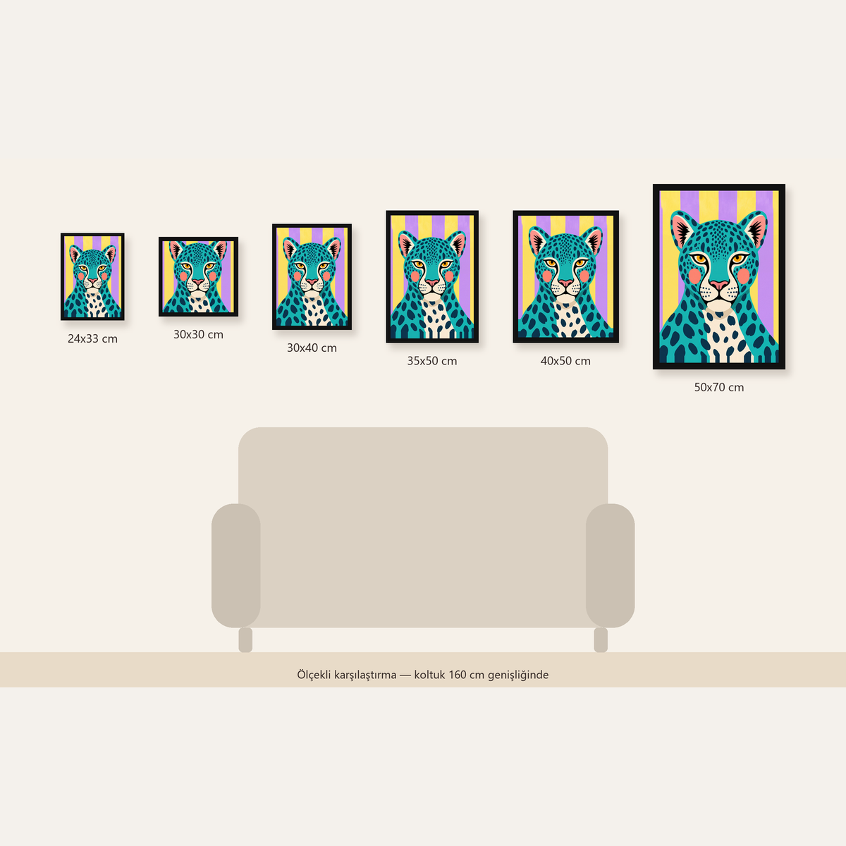 Turkuaz Renk Bloklu Modern Jaguar İllüstrasyon Poster — Dikey ölçülerinin karşılaştırması