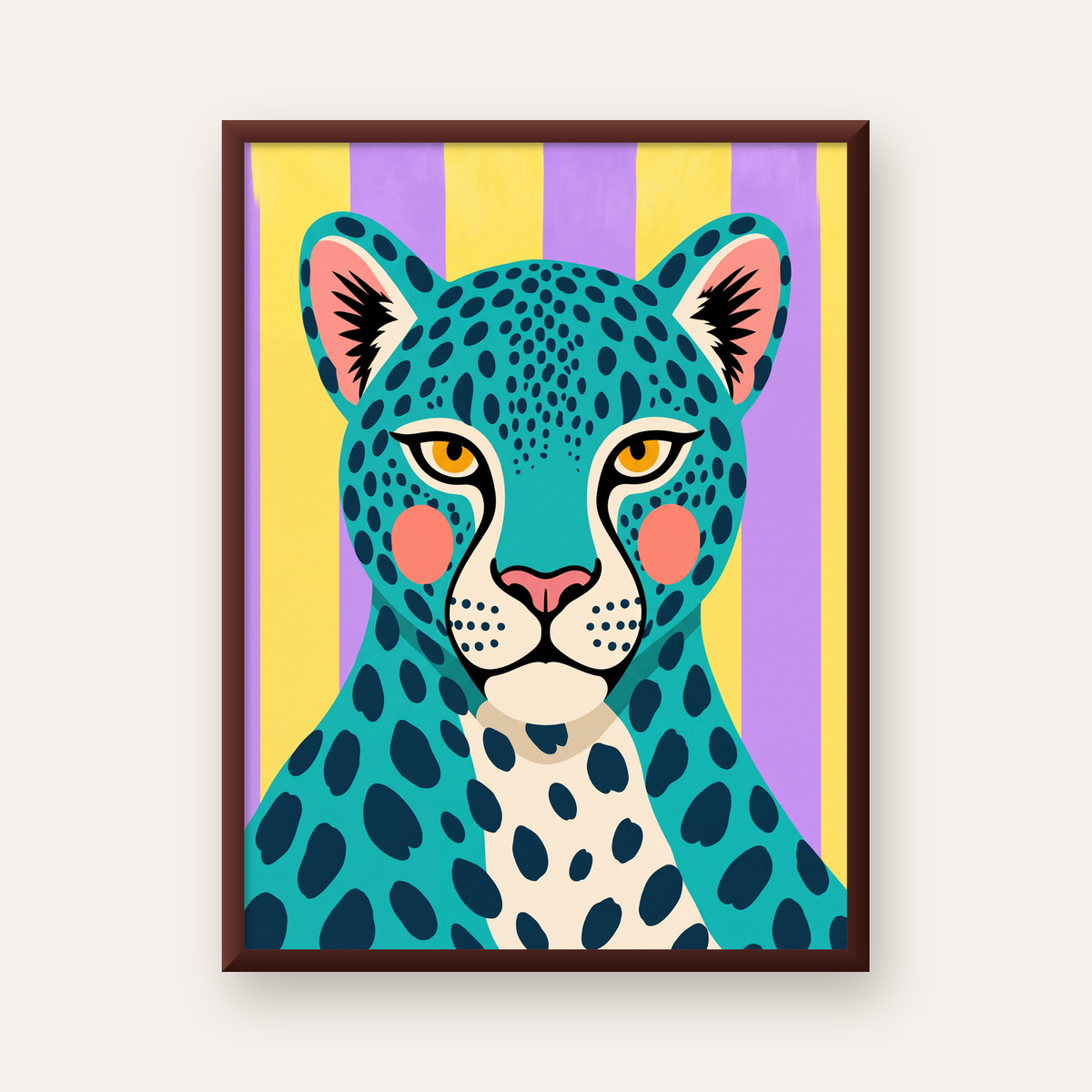 Turkuaz Renk Bloklu Modern Jaguar İllüstrasyon Poster — ceviz çerçeveli