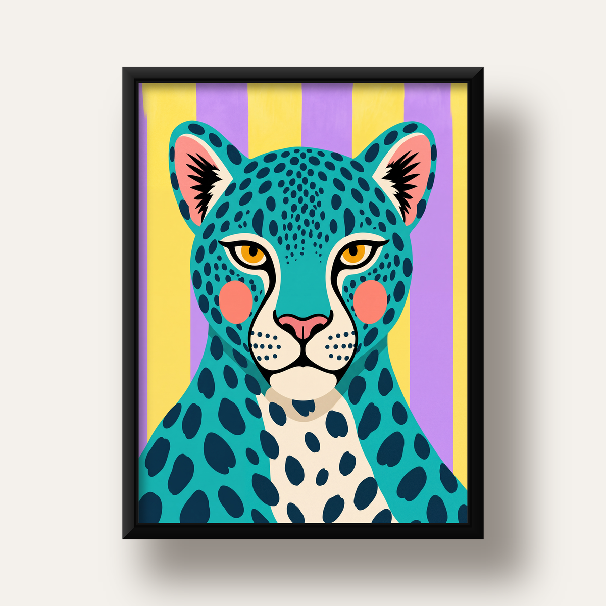 Turkuaz Renk Bloklu Modern Jaguar İllüstrasyon Poster — siyah derin çerçeveli