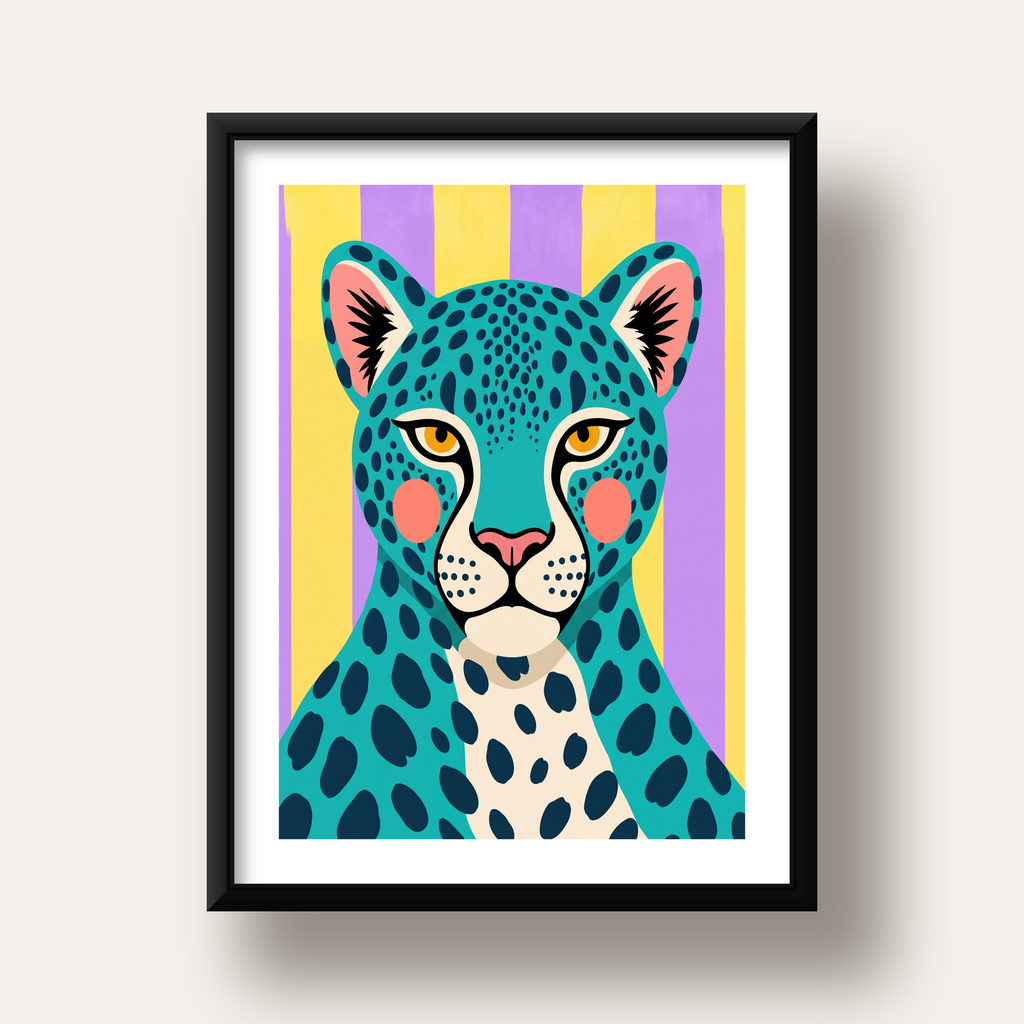 Turkuaz Renk Bloklu Modern Jaguar İllüstrasyon Poster — siyah derin çerçeveli paspartulu
