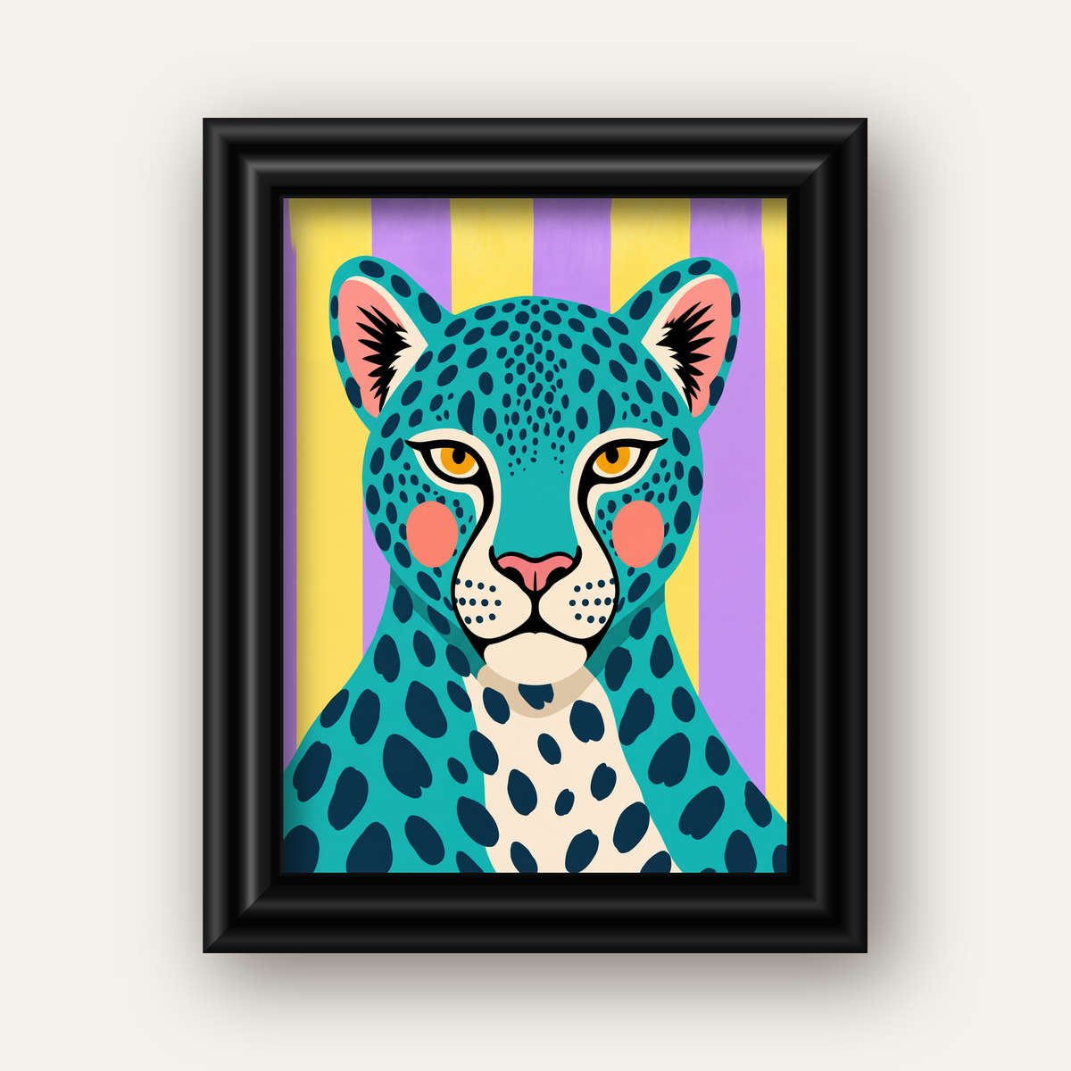 Turkuaz Renk Bloklu Modern Jaguar İllüstrasyon Poster — siyah galeri çerçeveli