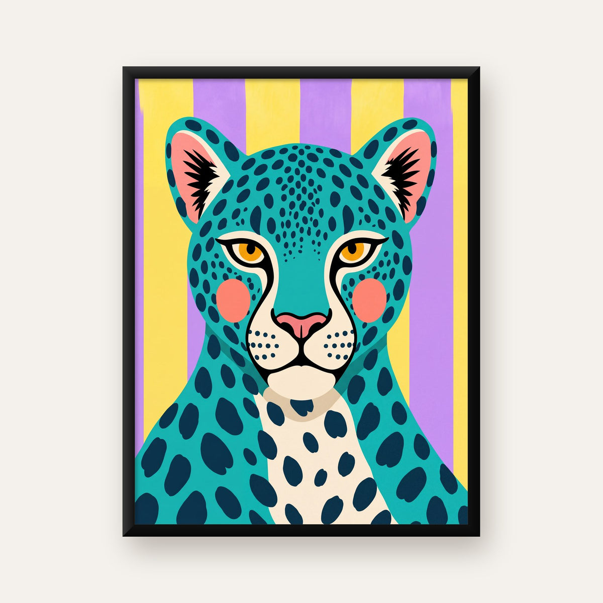 Turkuaz Renk Bloklu Modern Jaguar İllüstrasyon Poster — Dikey baskı, düz siyah çerçeveli duvar posteri