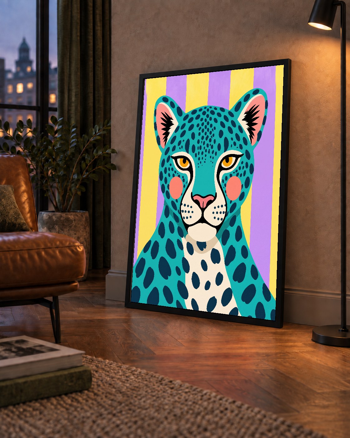 Turkuaz Renk Bloklu Modern Jaguar İllüstrasyon Poster