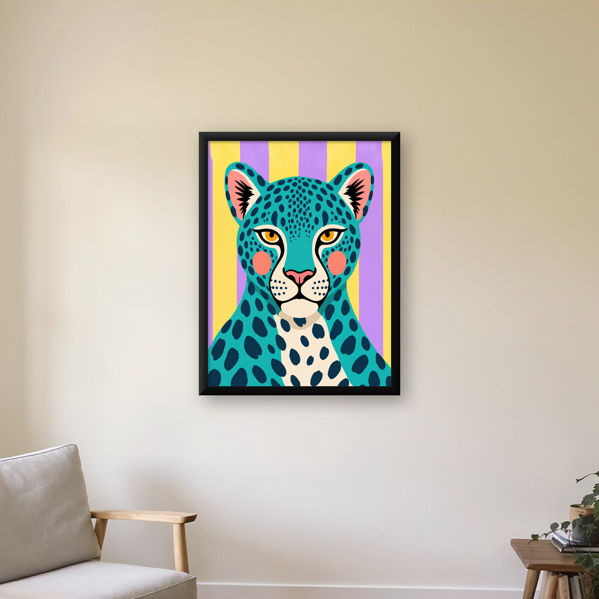 Turkuaz Renk Bloklu Modern Jaguar İllüstrasyon Poster — Dikey baskı, çerçeveli hâliyle bir ev duvarında
