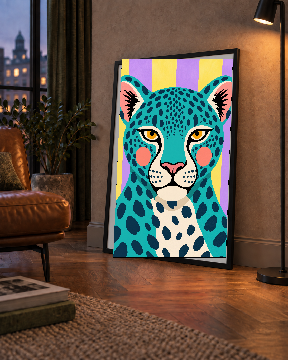 Turkuaz Renk Bloklu Modern Jaguar İllüstrasyon Poster