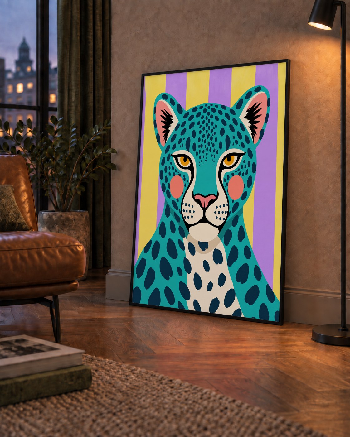 Turkuaz Renk Bloklu Modern Jaguar İllüstrasyon Poster — çerçeveli hâliyle bir ev duvarında