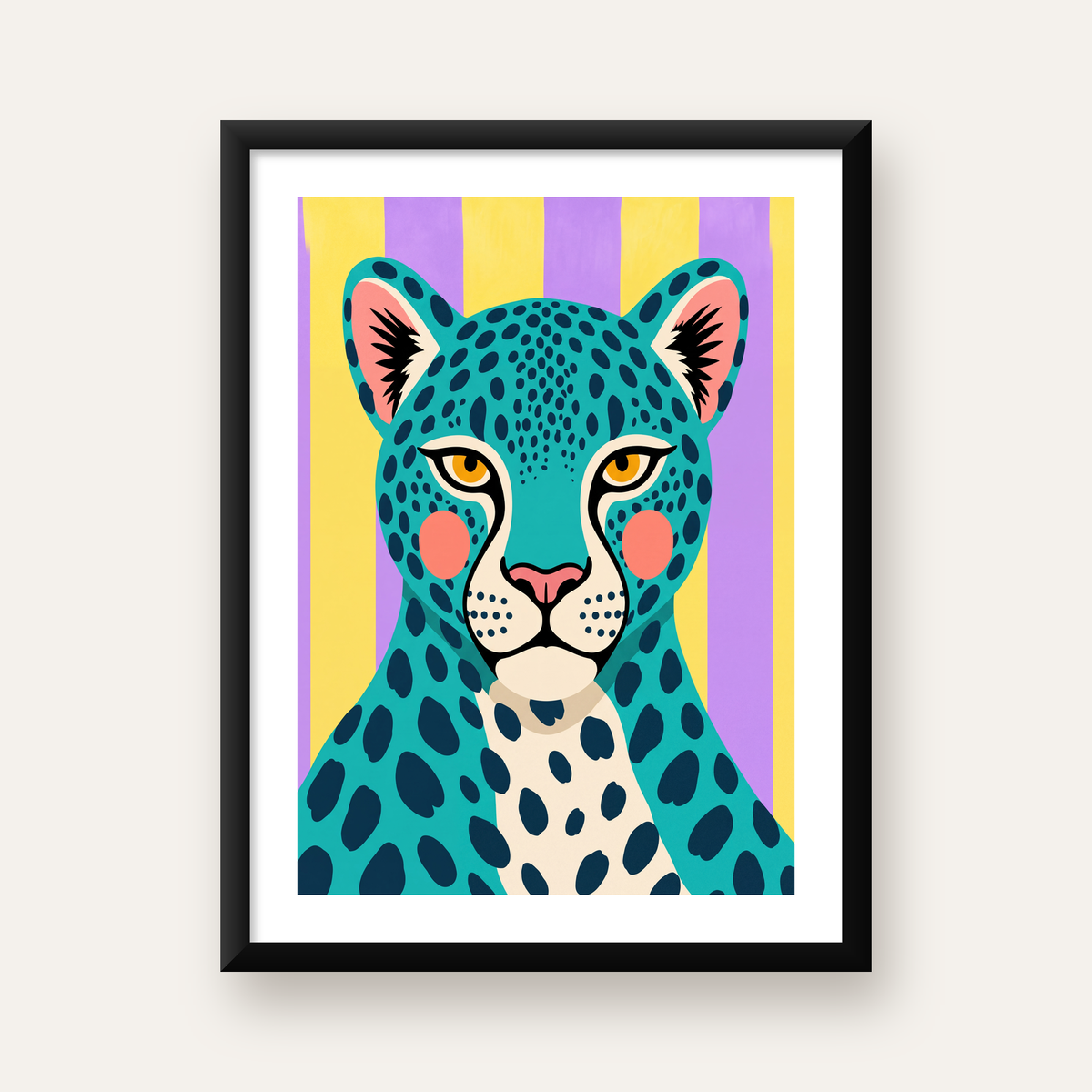 Turkuaz Renk Bloklu Modern Jaguar İllüstrasyon Poster — Dikey baskı, beyaz paspartulu
