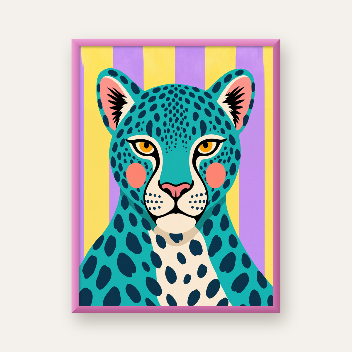 Turkuaz Renk Bloklu Modern Jaguar İllüstrasyon Poster — pembe çerçeveli
