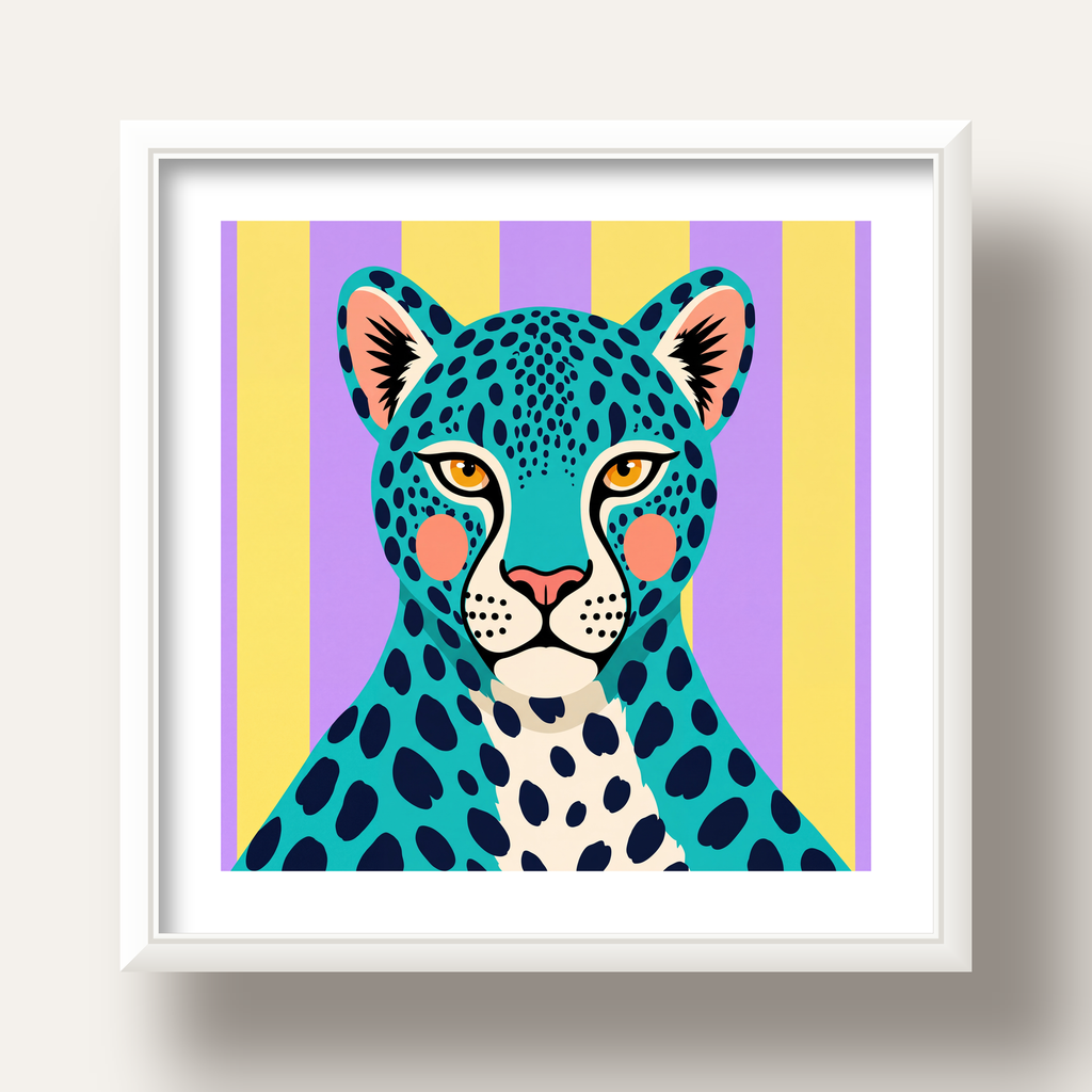 Turkuaz Renk Bloklu Modern Jaguar İllüstrasyon Poster — beyaz derin çerçeveli paspartulu