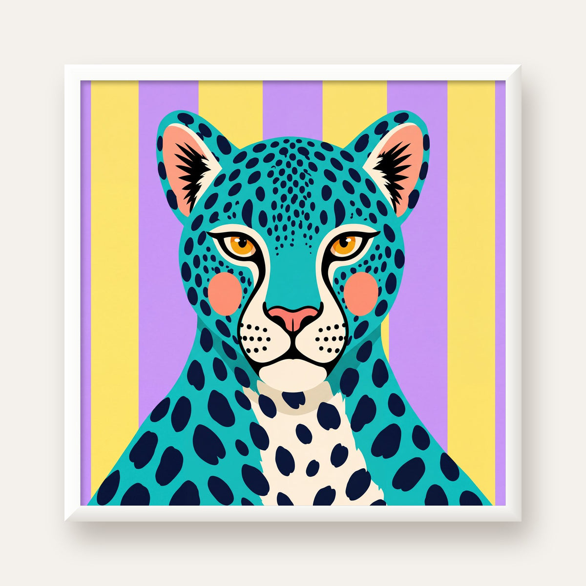 Turkuaz Renk Bloklu Modern Jaguar İllüstrasyon Poster — beyaz çerçeveli kare poster
