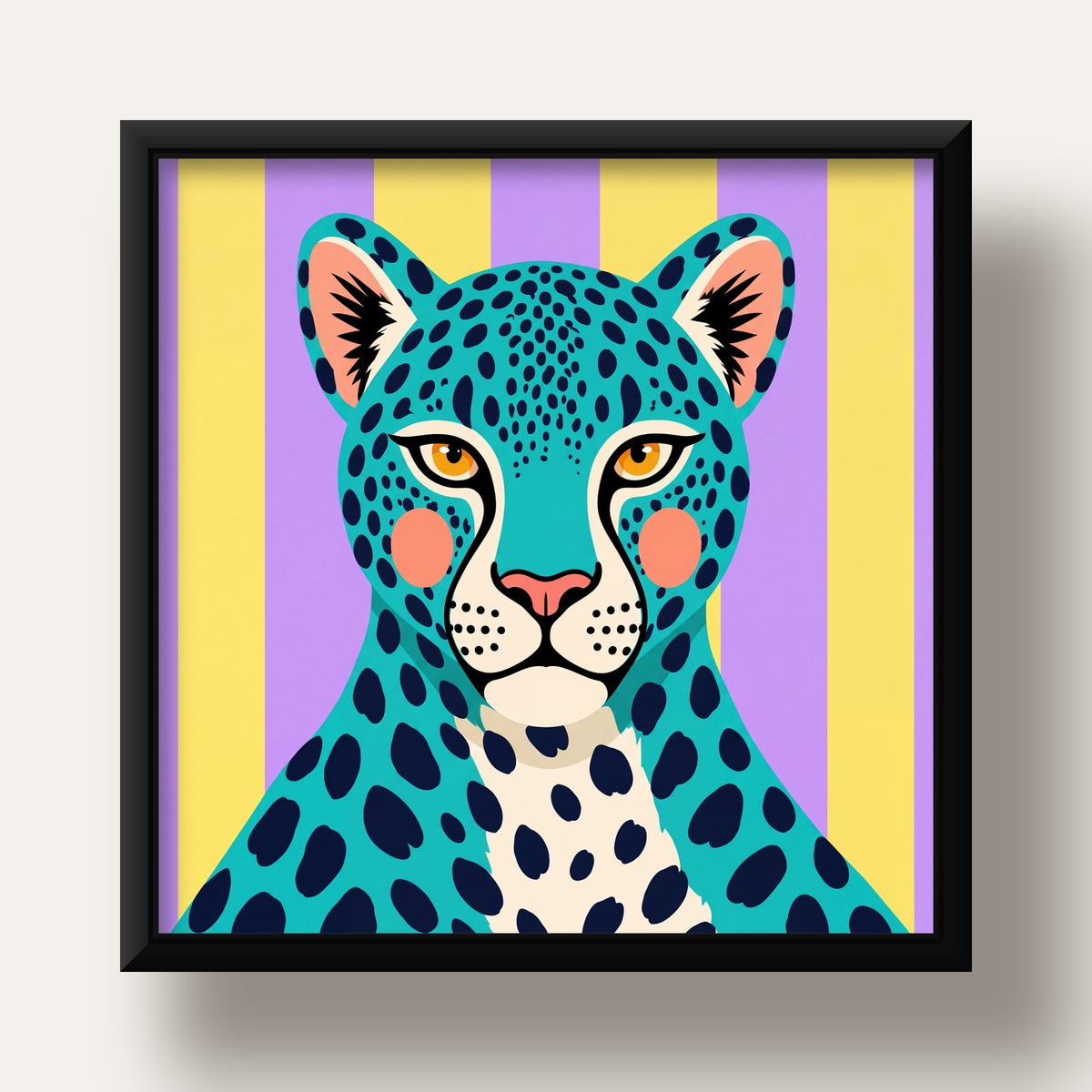 Turkuaz Renk Bloklu Modern Jaguar İllüstrasyon Poster — siyah derin çerçeveli