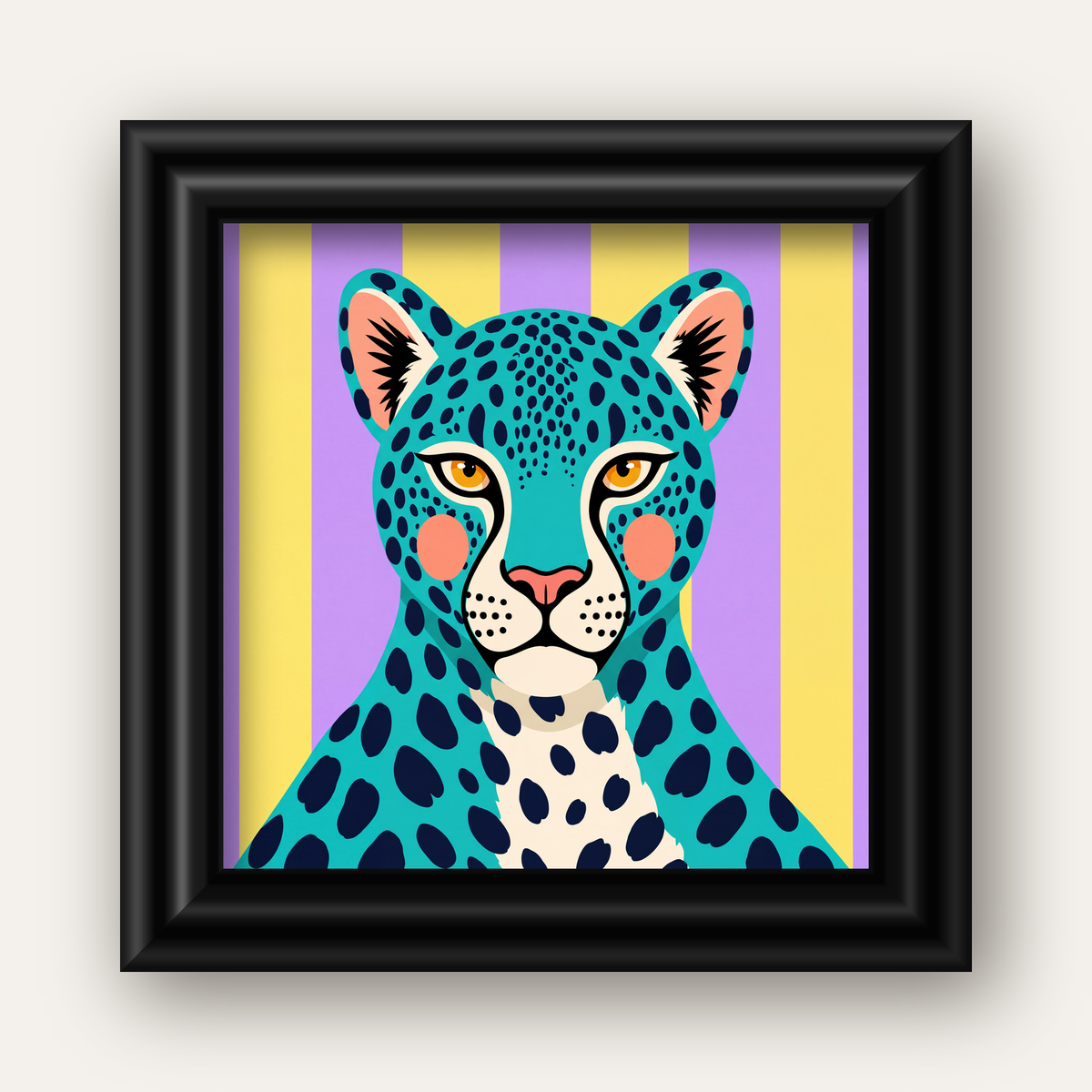 Turkuaz Renk Bloklu Modern Jaguar İllüstrasyon Poster — siyah galeri çerçeveli