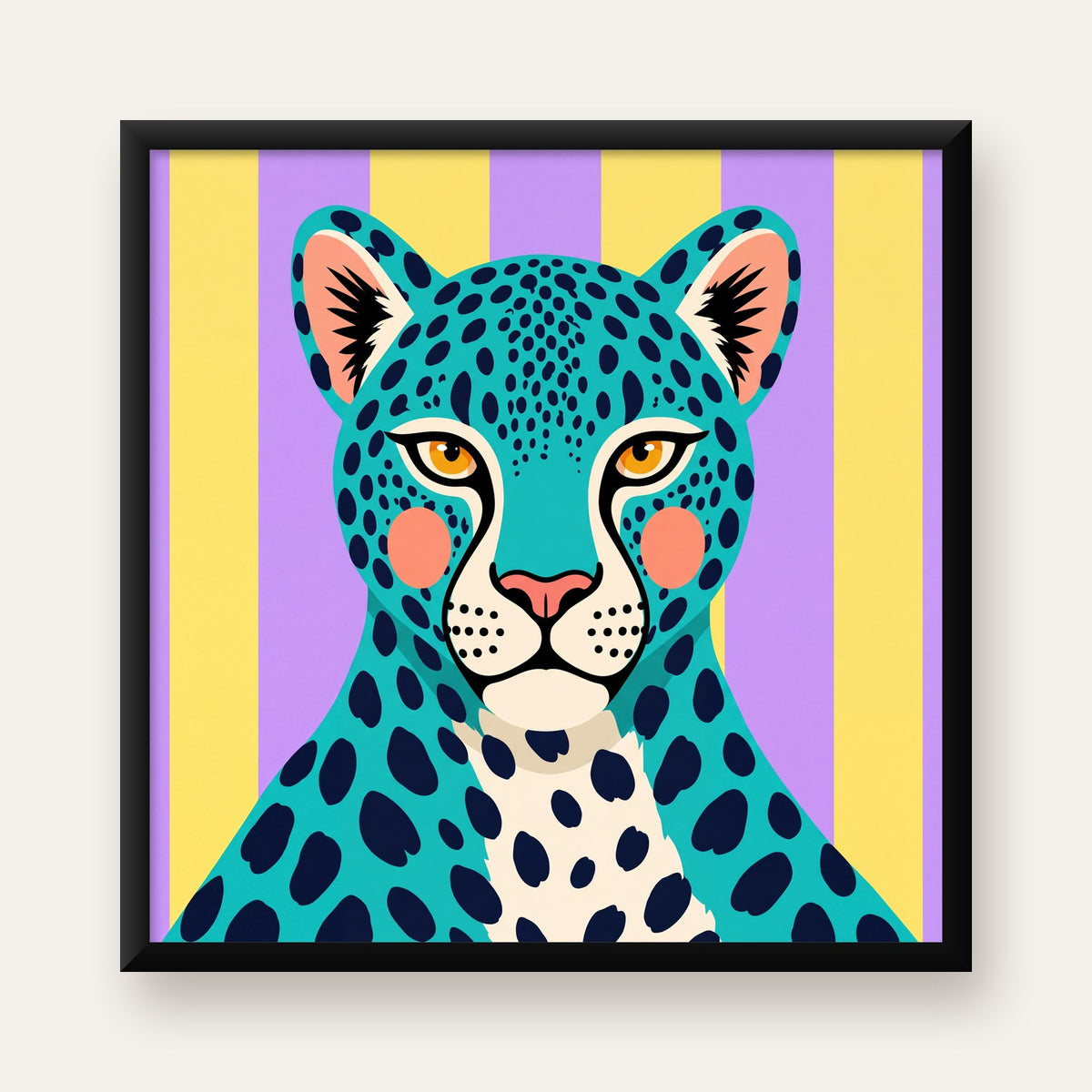 Turkuaz Renk Bloklu Modern Jaguar İllüstrasyon Poster — Kare baskı, düz siyah çerçeveli duvar posteri