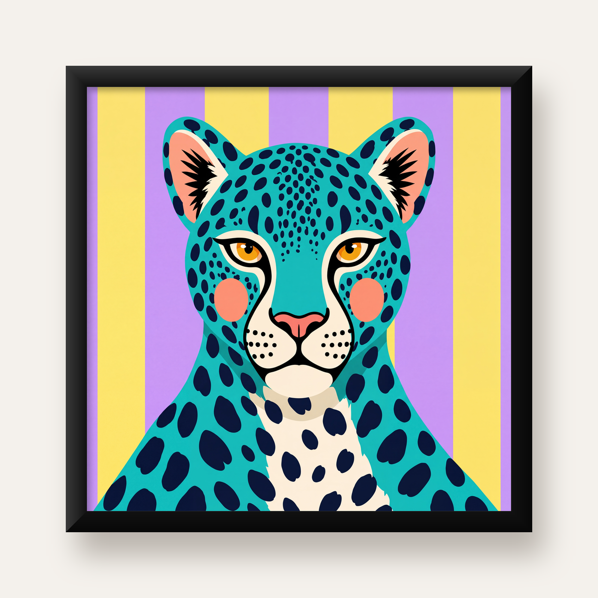 Turkuaz Renk Bloklu Modern Jaguar İllüstrasyon Poster — Kare baskı, düz siyah çerçeveli duvar posteri