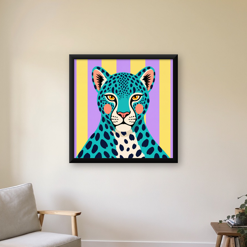 Turkuaz Renk Bloklu Modern Jaguar İllüstrasyon Poster — Kare baskı, çerçeveli hâliyle bir ev duvarında